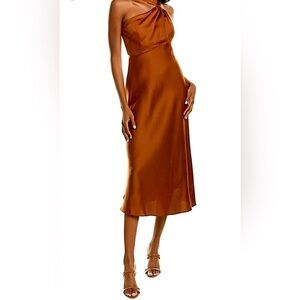 NEW Just Taylor Satin Brown Rust One Shoulder Knot Halter Slip Midi Dress